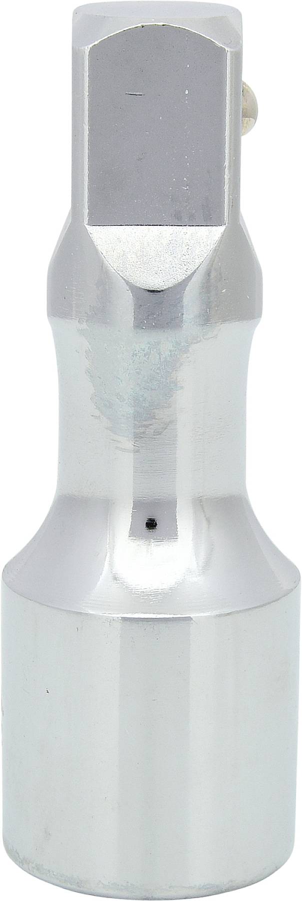 Silberfarbener Metalladapter, vermutlich ein Werkstattwerkzeug, mit zylindrischem und rechteckigem Ende.