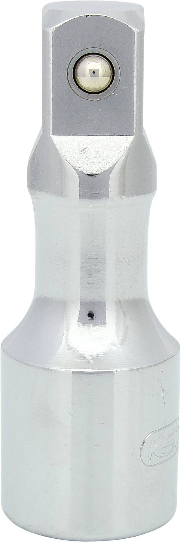 Zylindrischer Metalladapter mit quadratischer Öffnung und Kugelstift am Kopf; wird verwendet, um Werkzeuge mit Antrieben zu verbinden.