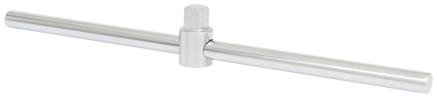 Ein silberfarbener T-Schlüssel aus Metall, horizontal ausgerichtet.