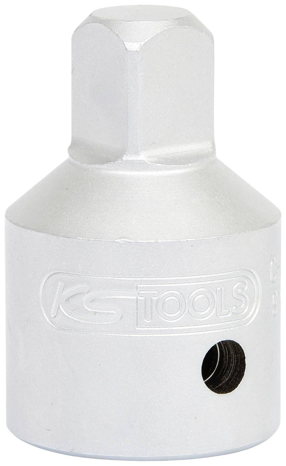 Metallischer Steckschlüssel-Adapter von KS Tools, zylindrische Form mit sechseckigem Kopf und seitlichem Loch, geeignet für Werkzeuge.