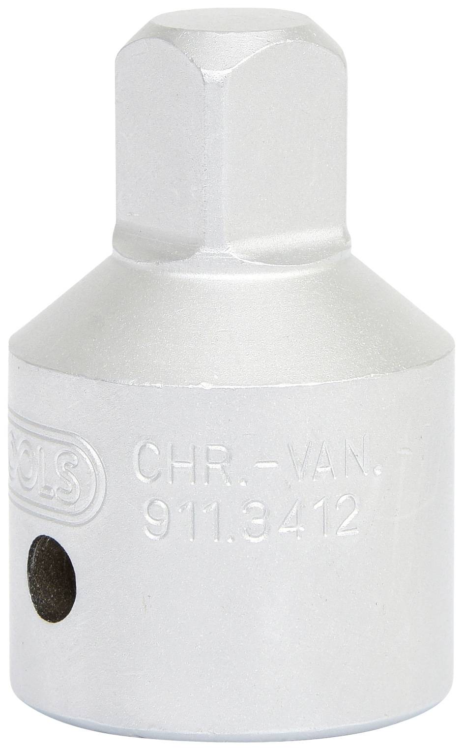 Silberner Sechskant-Schraubenkopfadapter mit der Aufschrift 'CHR-VAN 911.3412'. Verwendet zur Befestigung oder Lösung von Schrauben.