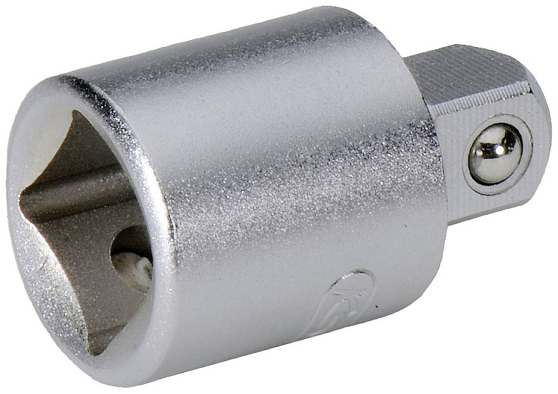 Metalladapter für Steckschlüssel, zylindrische Form mit quadratischer Öffnung und einem Verbindungszapfen.