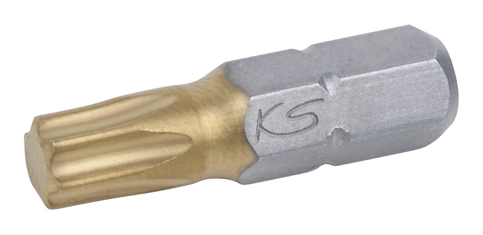 Ein goldener und silberner Schraubendreher-Bit mit eingravierten Buchstaben 'KS', geeignet für Schrauben mit sternförmigen Köpfen.