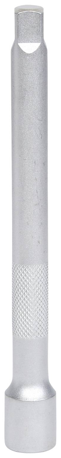 Ein silberner Metallstab mit geriffelter Oberfläche unten und einem kreisförmigen Ausschnitt oben. Geeignet als Handgriff.