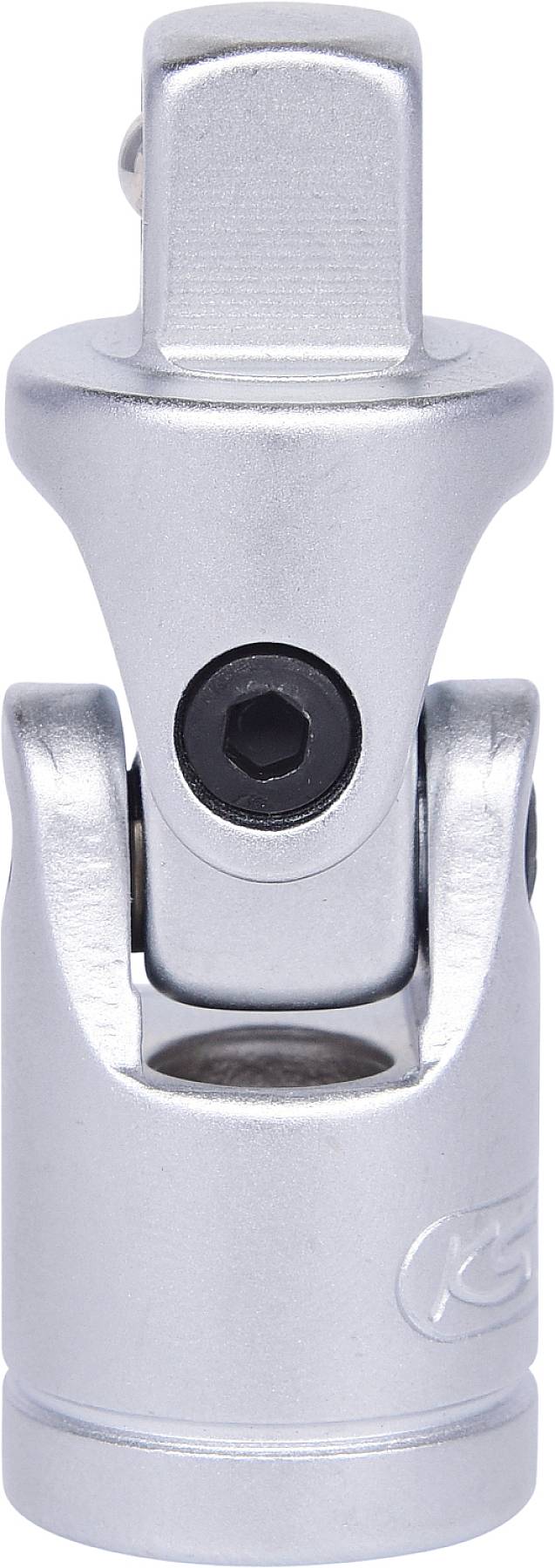 Verchromter Universal-Gelenkadapter mit einem Metallstift und einem Schraubenloch, verwendet zur Erweiterung von Werkzeugaufsätzen.
