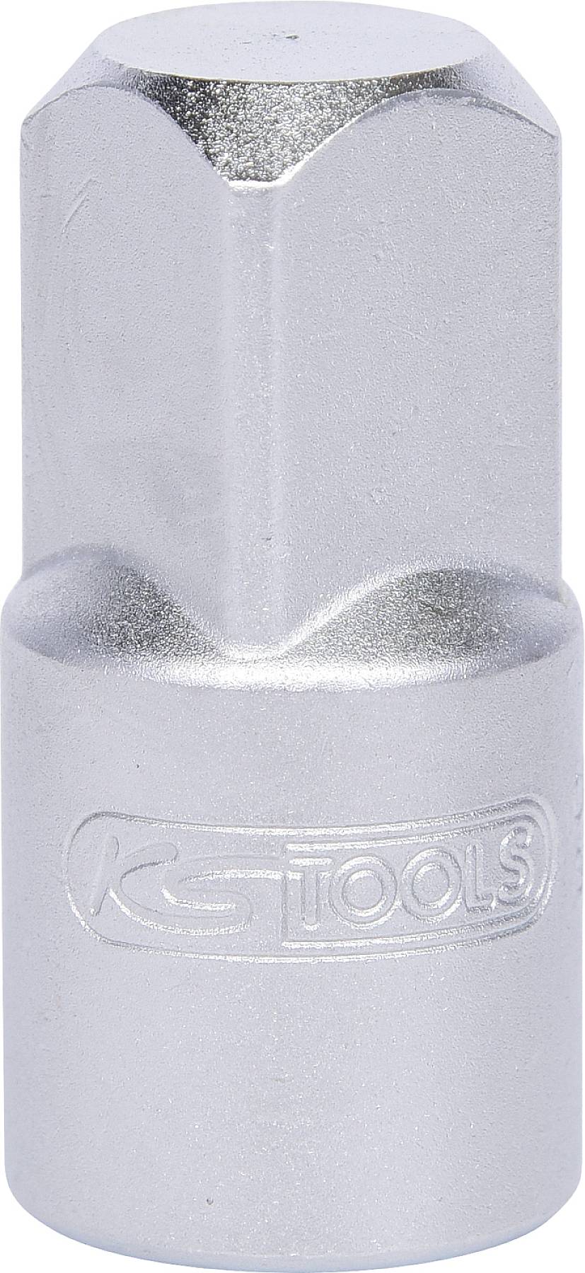 Ein silberner Steckschlüsseleinsatz aus Metall, zylindrische Form mit geriffelter Spitze. Auf der Seite steht das Logo 'KS TOOLS'.