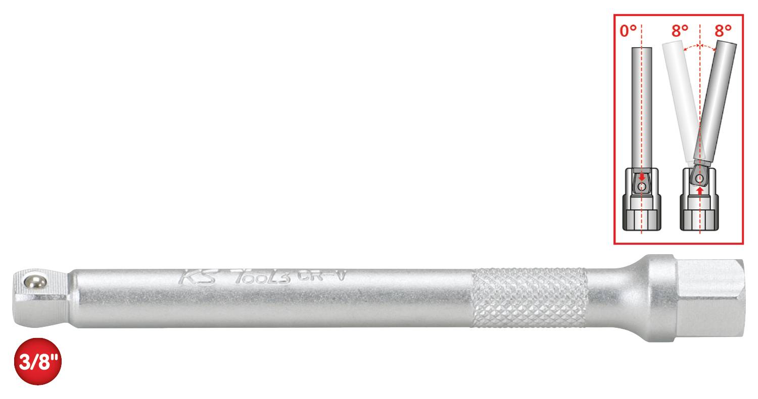 Silberner Gelenkadapter für Steckschlüssel, 3/8 Zoll, zeigt Winkelbeugung von 0° bis 8° im Diagramm.