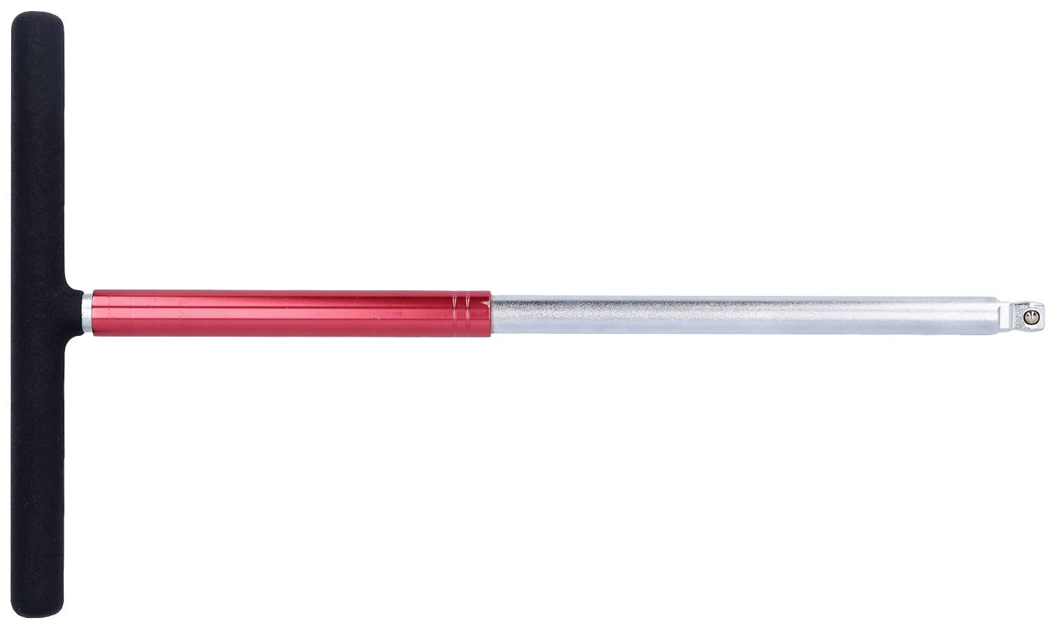 Ein langer Metallstab mit rotem Griff und schwarzem T-Griff am Ende, vermutlich ein Werkzeug oder Gerät, vor weißem Hintergrund.