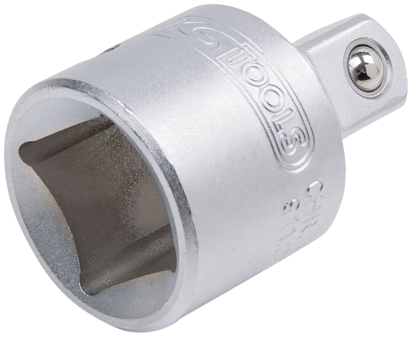 Silberner Steckschlüsseladapter mit quadratischer Öffnung vorne und Kugelverriegelungsmechanismus an der Seite.