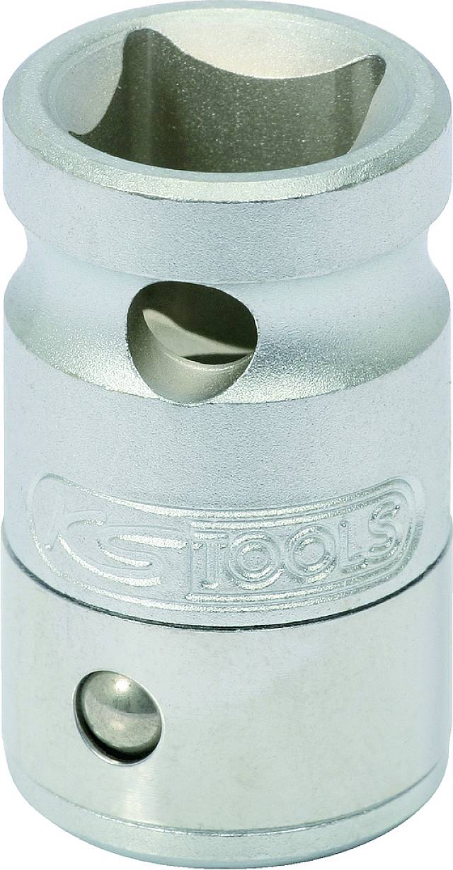 Metallischer Steckschlüsseleinsatz mit Patentschrift 'KS Tools'. Geeignet für mechanische Arbeiten, zeigt eine runde Form und Öffnung.