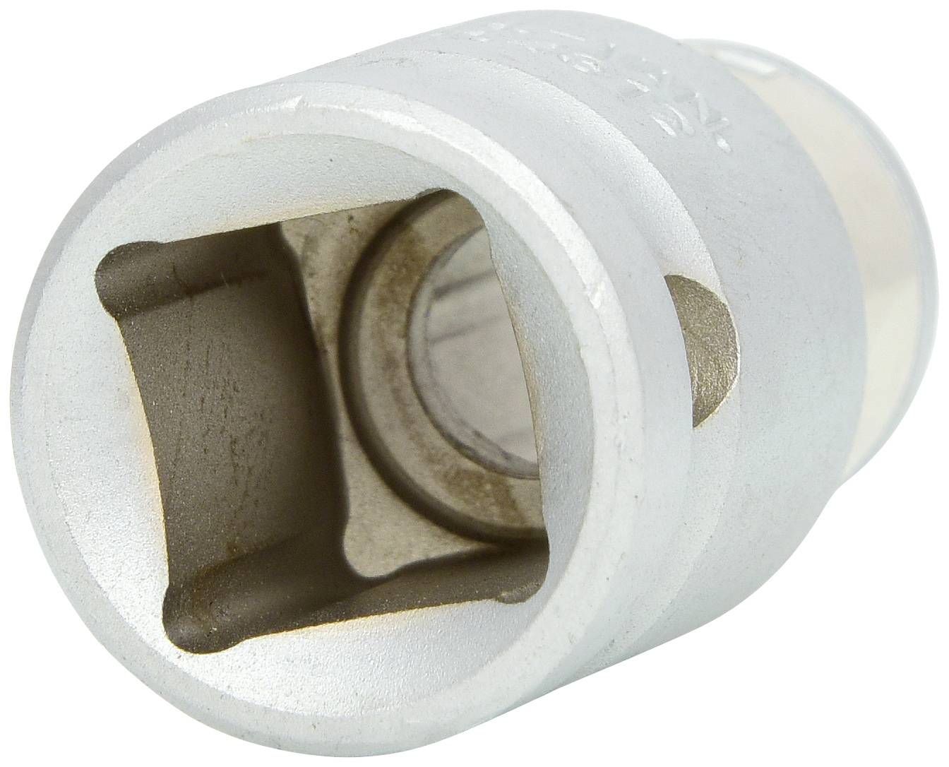 Metallische Nussaufnahme mit quadratischer Öffnung, seitliche Ansicht. Verwendet für Steckschlüssel, kompatibel mit Ratschenwerkzeugen.