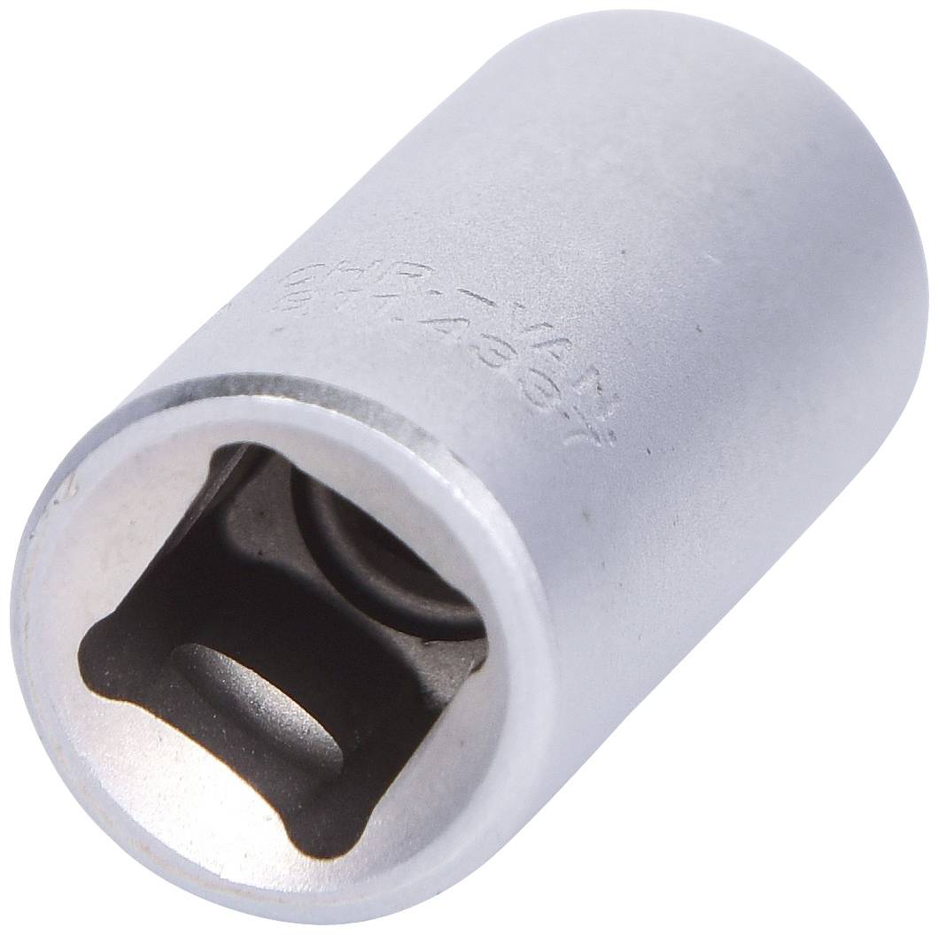 Steckschlüsselaufsatz in silberner Farbe, zylindrische Form, offen an einem Ende, zur Verwendung mit einem Steckschlüssel.