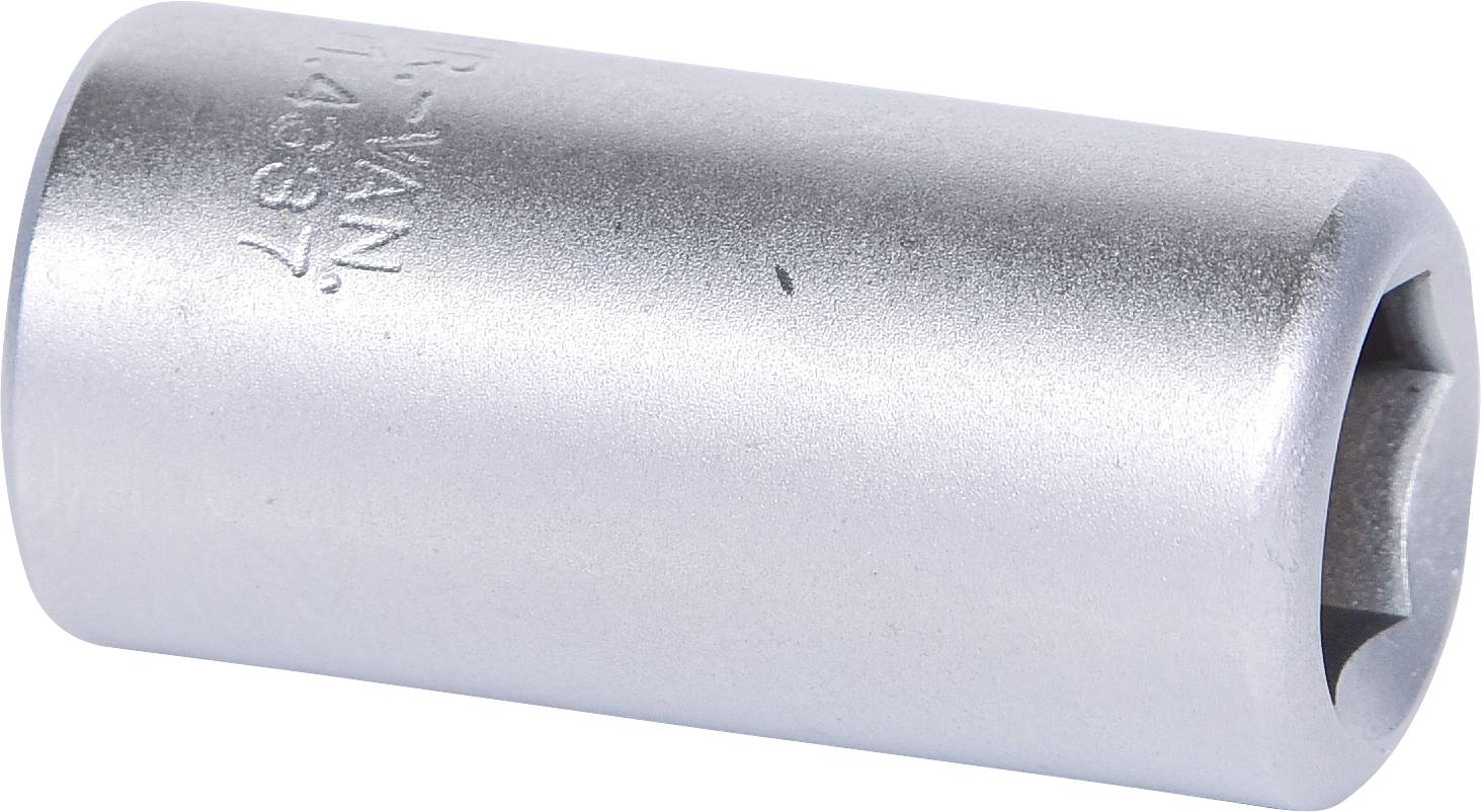 Metallische Stecknuss, zylindrisch, mit eingravierter Beschriftung. Hauptsächlich zur Verwendung mit einem Steckschlüssel geeignet.