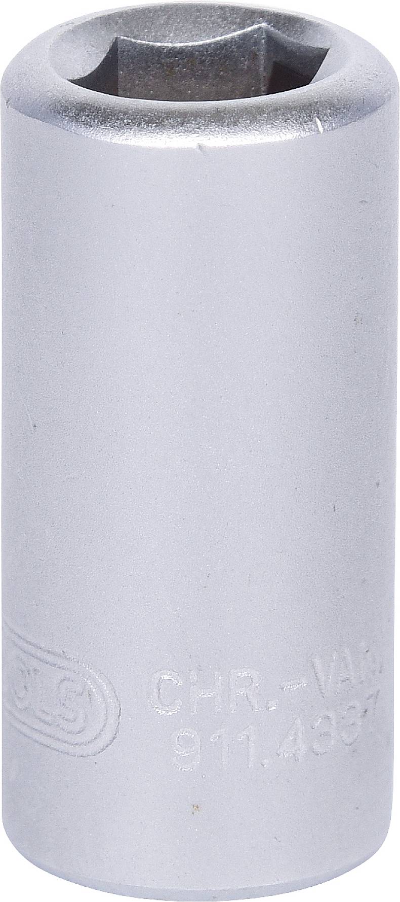 Eine silberne Stecknuss aus Metall mit einer sechseckigen Öffnung, geeignet zum Anziehen oder Lösen von Schrauben und Muttern.