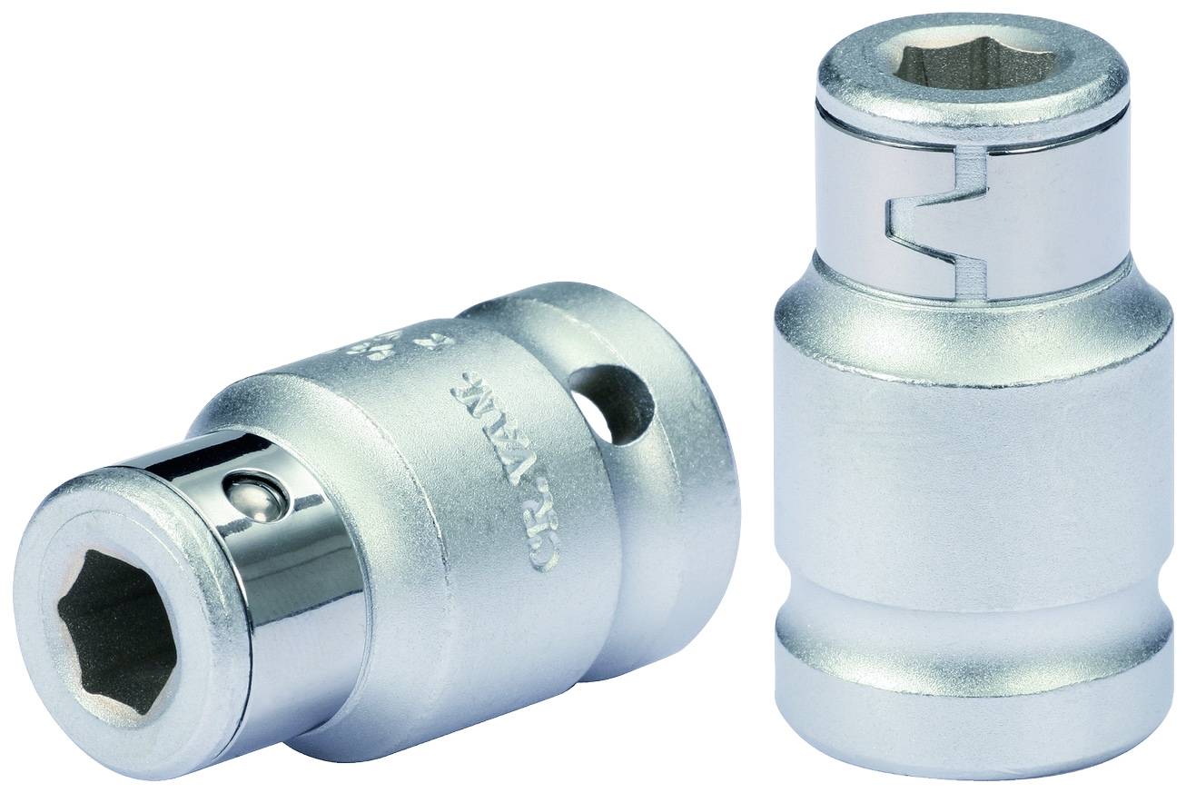 Zwei silberne Stecknüsse aus Metall; eine liegend, eine stehend, mit sechseckiger Öffnung. Sie sind Werkzeuge für Schraubarbeiten.