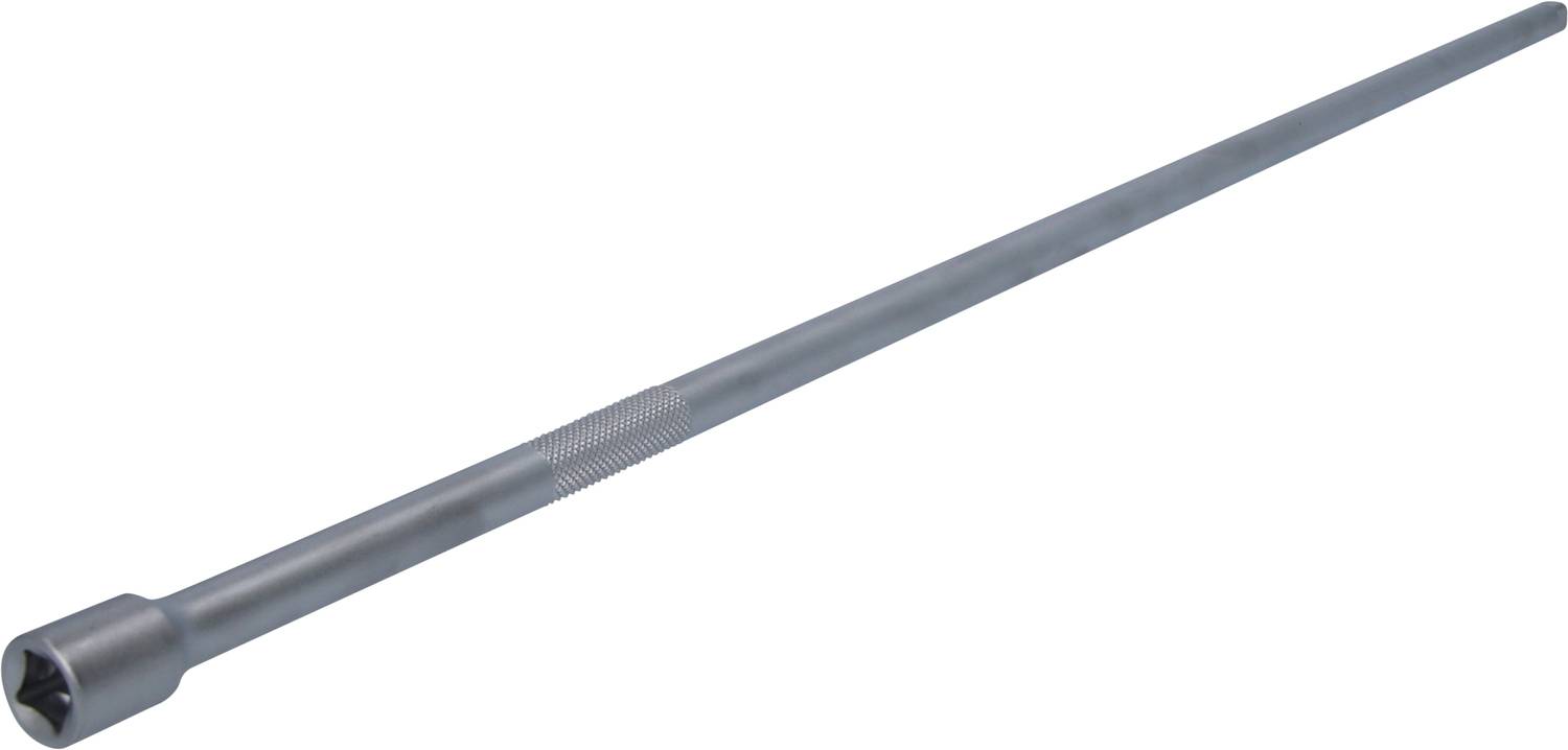 Ein langer, metallischer Sechskantschlüssel mit einem Griff auf der linken Seite und einer Sechskantöffnung auf der rechten Seite.