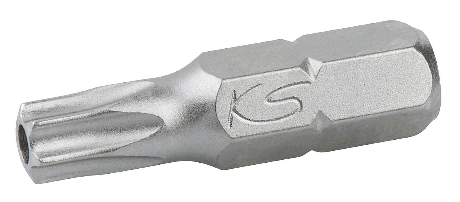 Ein Torx-Bit aus Metall, mit einer sechszackigen Spitze und zylindrischem Schaft, geeignet für Schraubendreher oder Akkuschrauber.