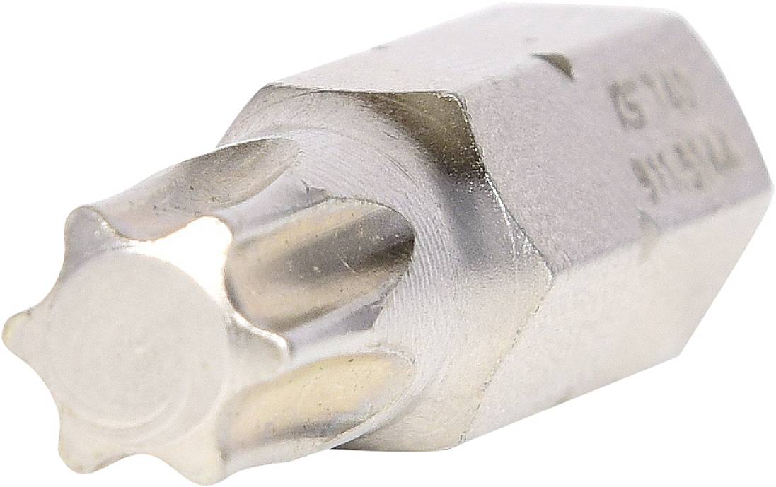 Ein silberner Drehmomentschlüsselaufsatz mit sternförmiger Öffnung und gravierten Zahlen auf der Oberseite, zeigt technische Details.