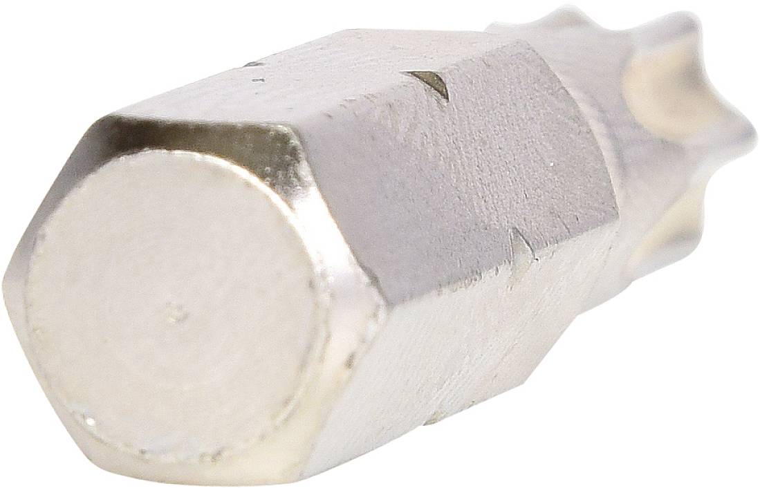 Ein silbernes Bit-Werkzeug mit sechseckiger Basis und gezacktem Schaft, wahrscheinlich für spezielle Schraubverbindungen.