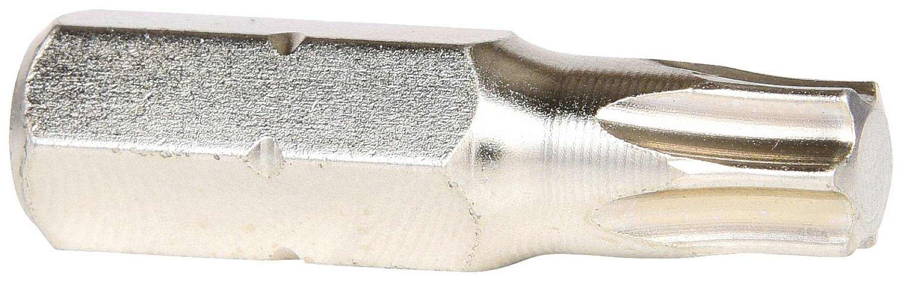 Ein silberfarbener Torx-Bit mit sechsseitigem Schaft und sternförmiger Spitze, verwendet für Schraubarbeiten.