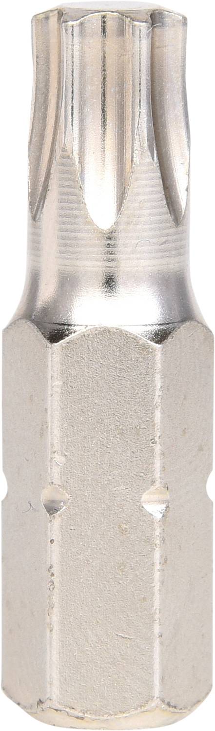 Ein silberfarbener Torx-Bit mit Rillen und einem sechseckigen Schaft, geeignet für Schraubarbeiten.