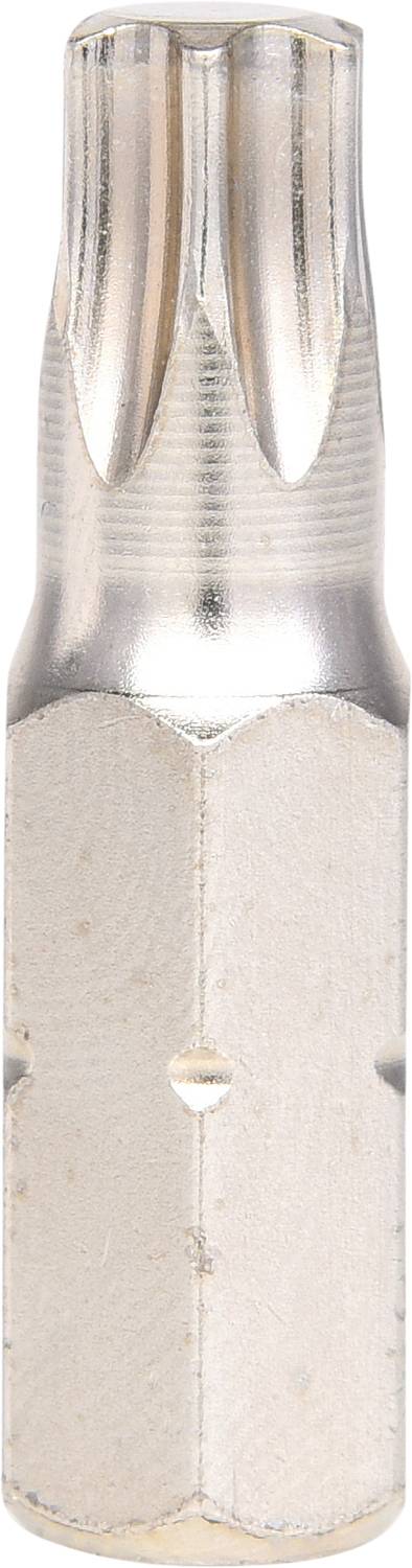 Nahaufnahme eines silbernen Schraubaufsatzes mit sechszackigem Sternkopf und geriffelter Basis.