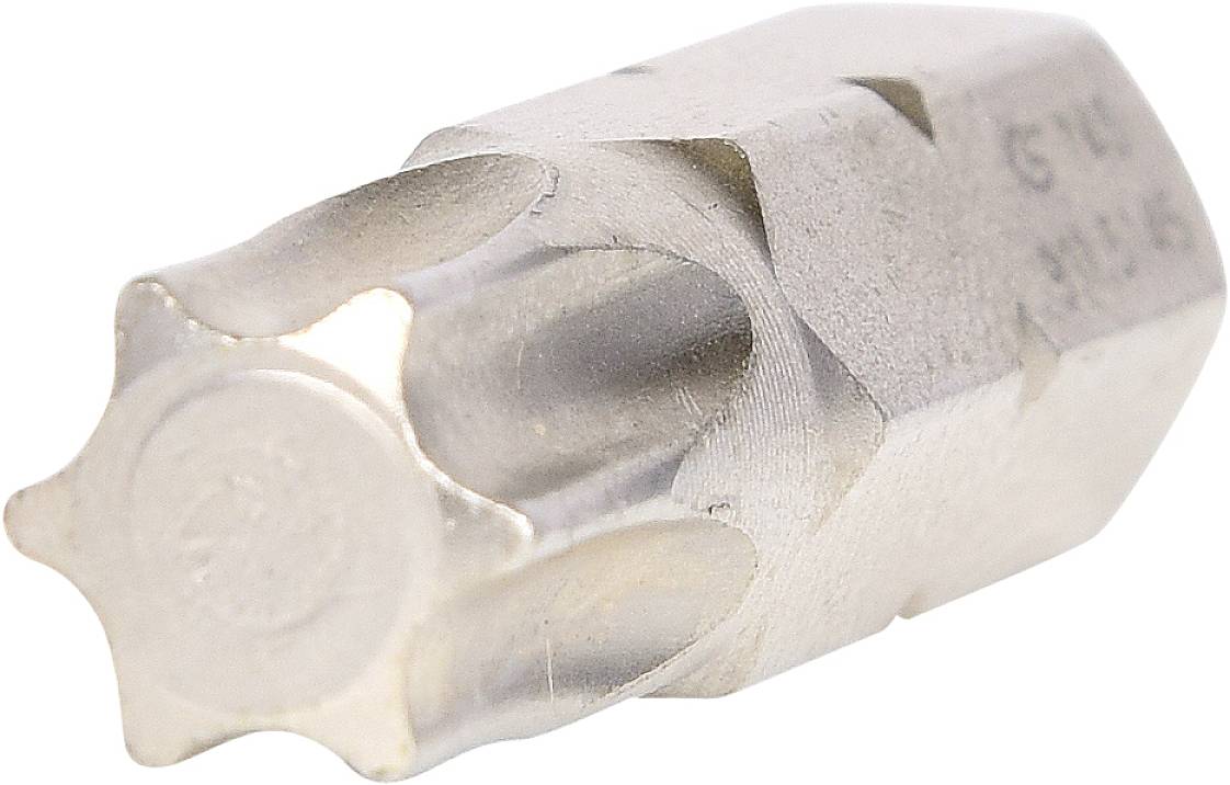 Ein silbernes Metallteil mit sternförmigem Ende und eingravierten Markierungen auf der Seite.