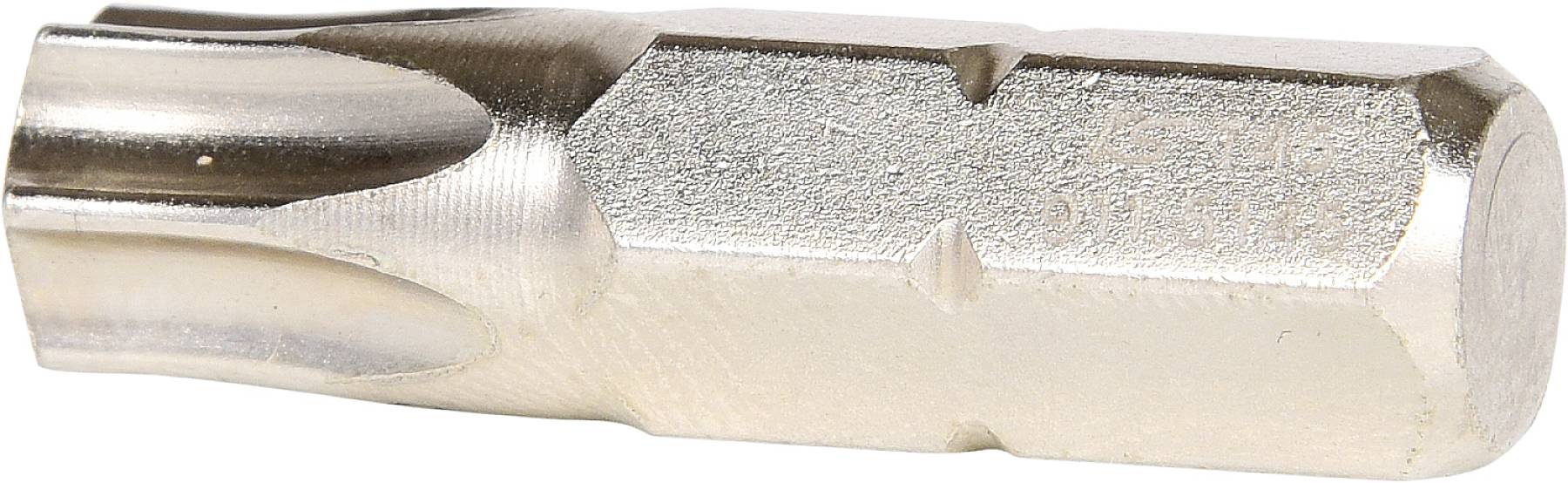 Ein silberner Schraubenkopf mit einem sechskantigen Ende, geeignet für Torx-Schrauben, auf weißem Hintergrund.