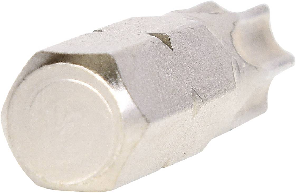 Nahaufnahme eines silbernen Schraubenzieher-Bits mit sechseckigem Schaft und geschliffenem Ende, das für Präzisionsarbeiten geeignet ist.