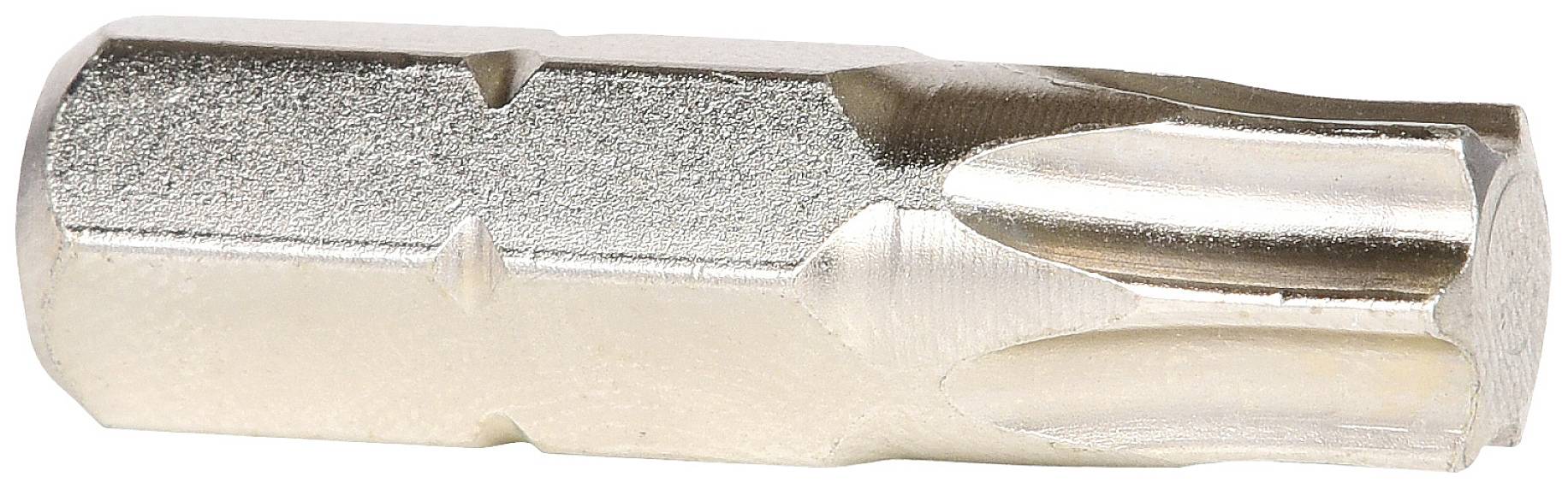 Metallische Schraubendrehereinsatz mit prismatischer Form und polierter Oberfläche, geeignet für spezifische Schraubentypen.