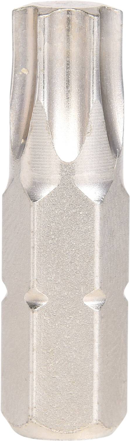 Nahaufnahme eines silbernen Schraubenziehereinsatzes mit geriffelter Oberfläche und runder Spitze, geeignet für Torx-Schrauben.
