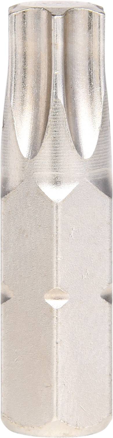 Close-up einer metallischen Schraubendreher-Bitspitze mit sechskantiger Form und silbernem Finish, aufrecht stehend.