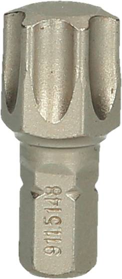 Metallischer Sechskant-Bit mit geriffeltem Kopf, geeignet für spezielle Schraubenanwendungen.