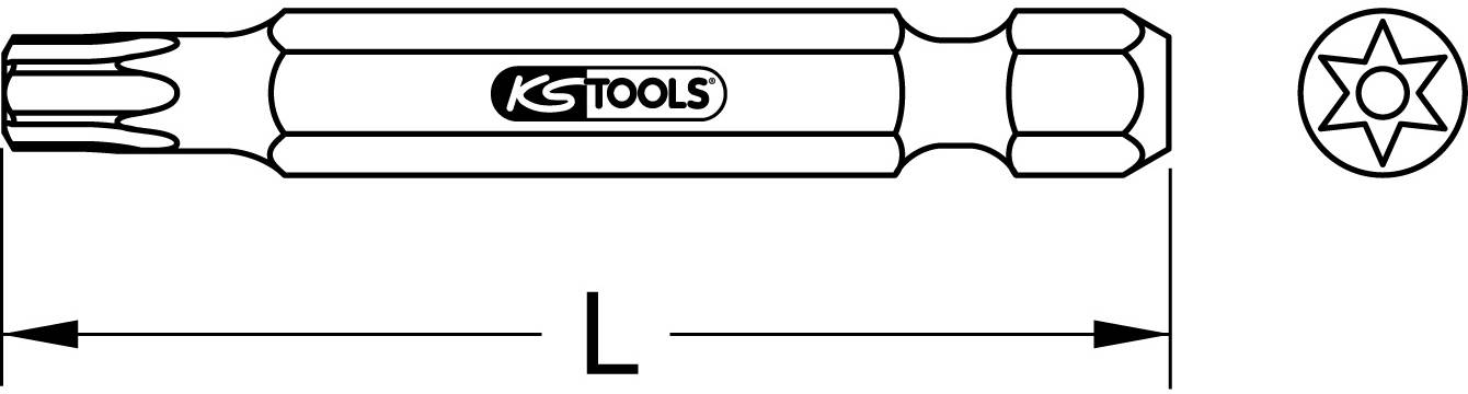 Abbildung eines Torx-Schraubenziehers von KS Tools mit einem sechsstrahligen Stern-Antriebskopf, der Länge 'L' zeigend.