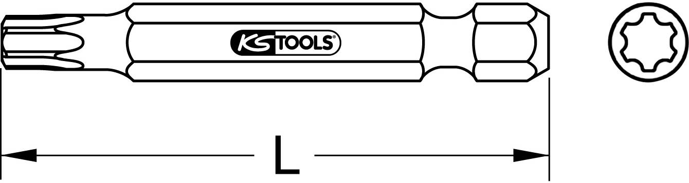 Zeichnung eines Werkzeugs mit KS Tools Logo. Rechts ein Querschnitt des Bits in einer sternförmigen Form. Längenangabe 'L'.