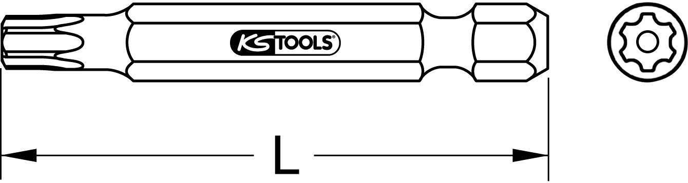 Abbildung eines Werkzeugs, möglicherweise Torx-Bit von KS Tools, mit Längenangabe 'L'. Seitenansicht und Querschnitt gezeigt.