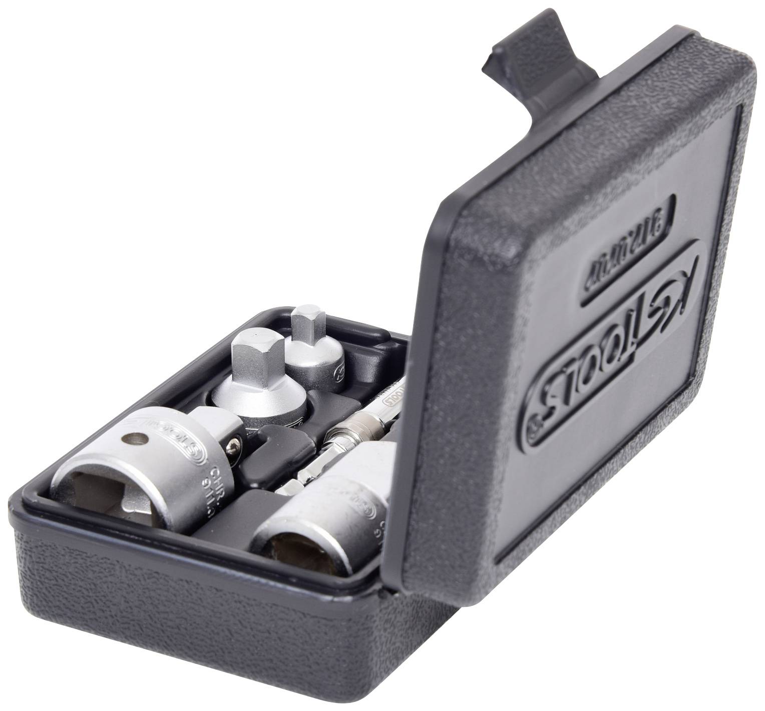 'KS-Tools Steckschlüssel-Set' in einer offenen schwarzen Kunststoffbox mit verschiedenen Aufsätzen und Vierkantadaptern.