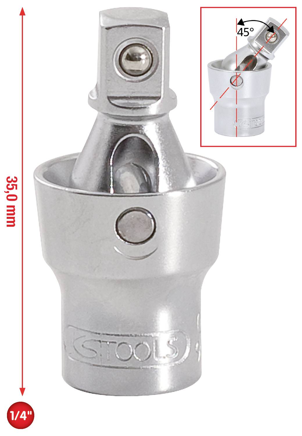 Ein silberner Steckschlüssel-Adapter mit 1/4 Zoll Antrieb, neigbar bis 45 Grad, Länge 350 mm, detaillierte Ansicht oben rechts.