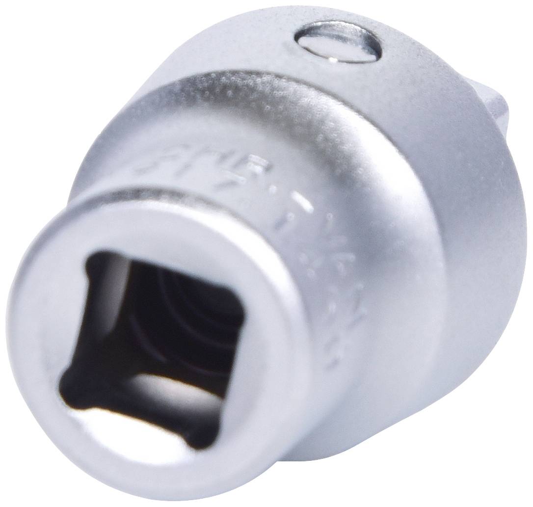 Ein silberner Adapter mit quadratischer Öffnung an einem Ende, wird für Werkzeugaufsätze verwendet.