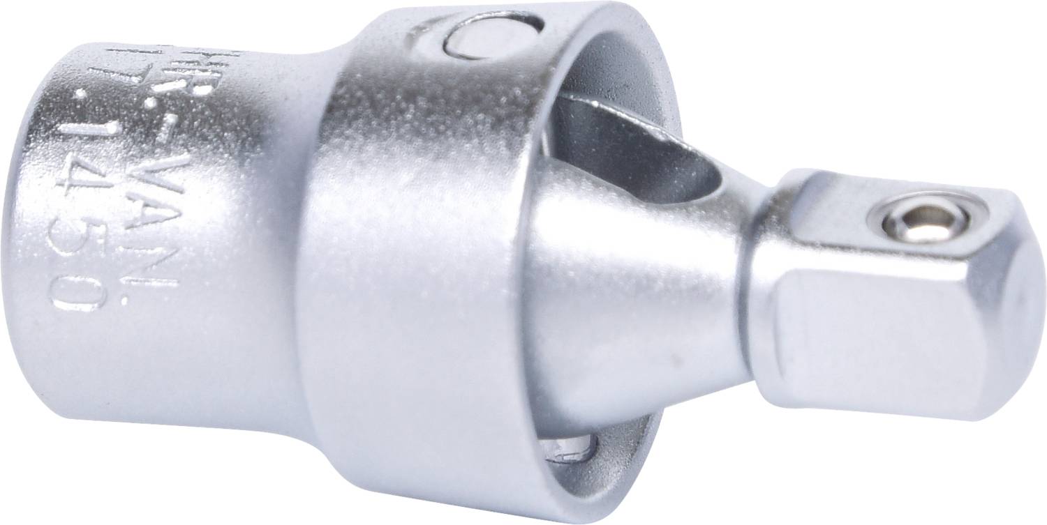 Ein silberner Adapter mit einer Vierkantaufnahme auf der einen Seite und einem Rundkopf mit Loch auf der anderen Seite, aus Metall.