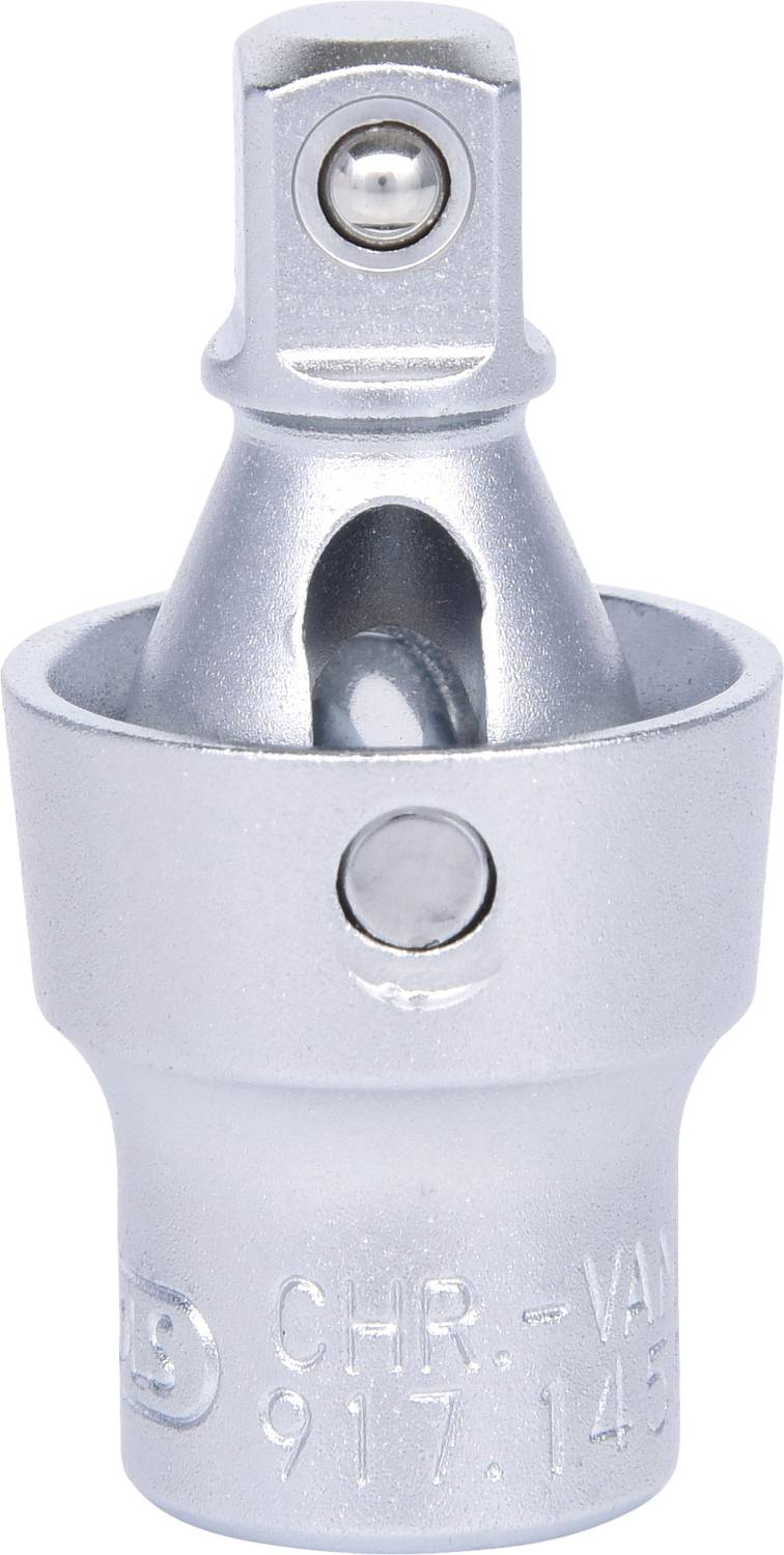 Ein silberner Stecknussadapter aus Metall, verwendet zur Verbindung von Stecknüssen mit Werkzeugen; seitliche Aufschrift 'CHR-VAN 917-143'.