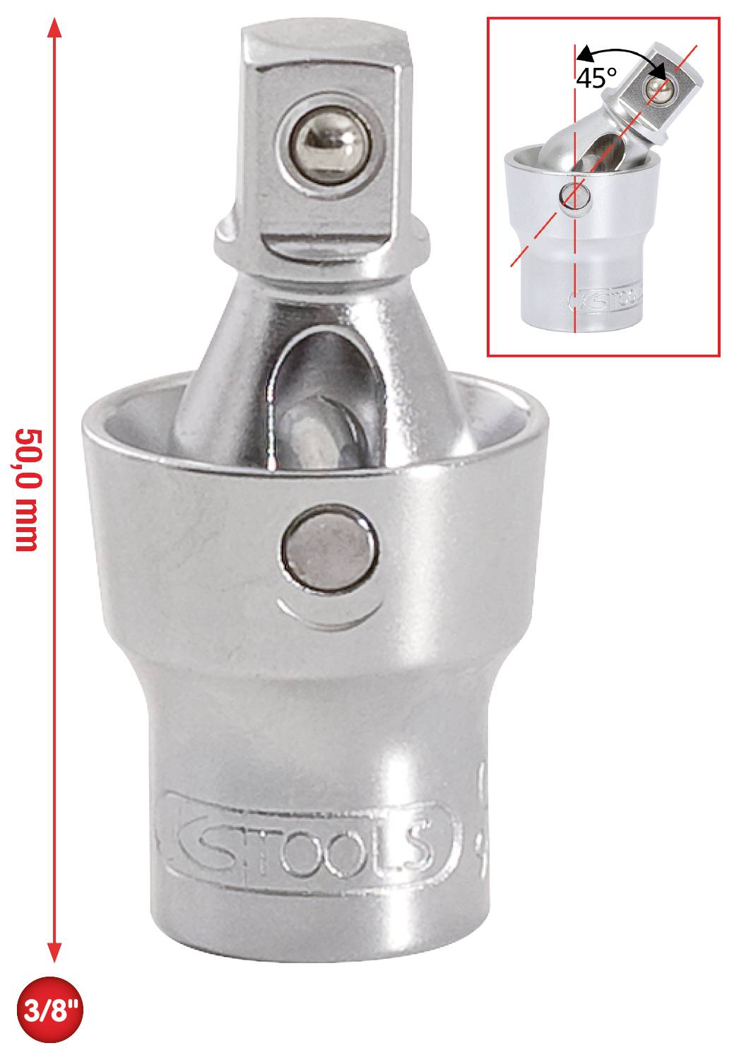 Drehbarer Adapter für Werkzeuge mit einer Länge von 50 mm und einer 3/8 Zoll Verbindung. Zeigt die 45-Grad-Drehung im Detail.