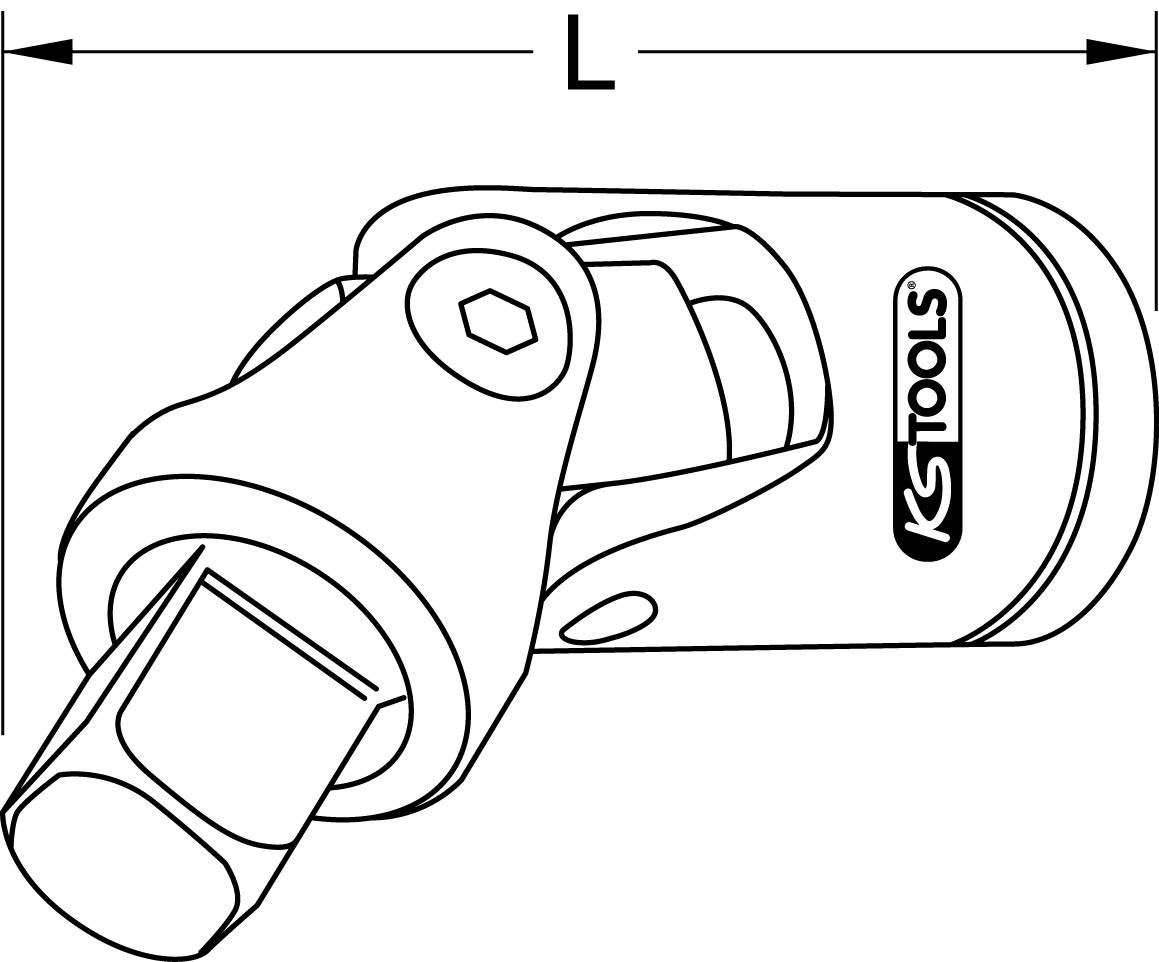 'Gelenkstück' mit Markierung 'KS Tools'. Darstellung eines Werkzeugs, Fixiermechanismus sichtbar. Maße: Länge markiert mit 'L'.