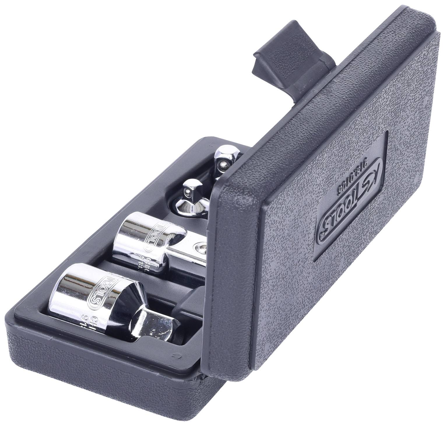 Schwarzes Etui mit geöffnetem Deckel, zeigt drei silberne Stecknüsse und Zubehör, Werkzeugset für Schraubanwendungen.