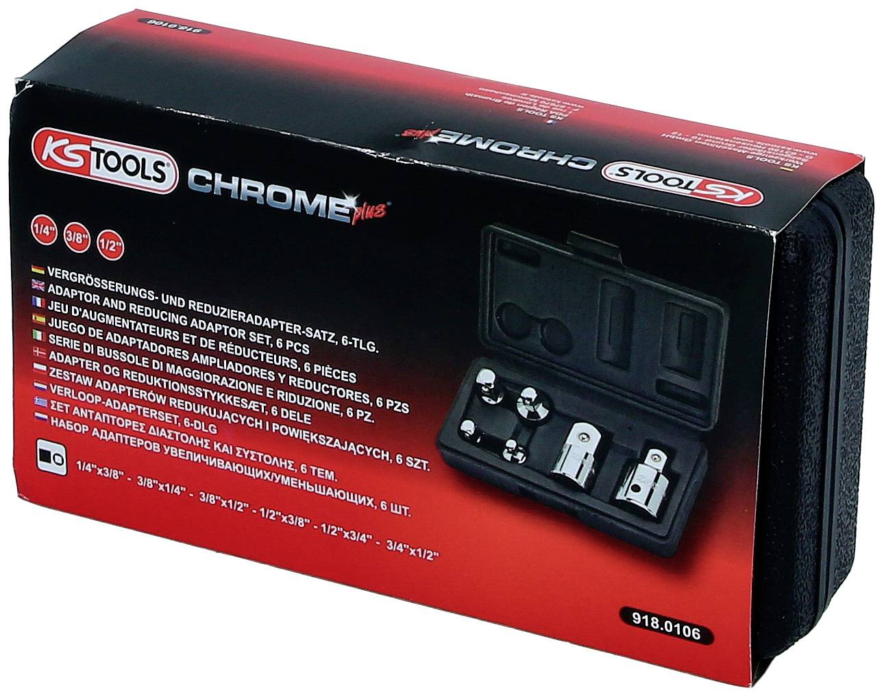 'KS Tools Chrome plus' Adapter-Set mit Reduzierungen und Vergrößerungen in einem schwarzen Etui, 6-teilig, mit Größenangaben.