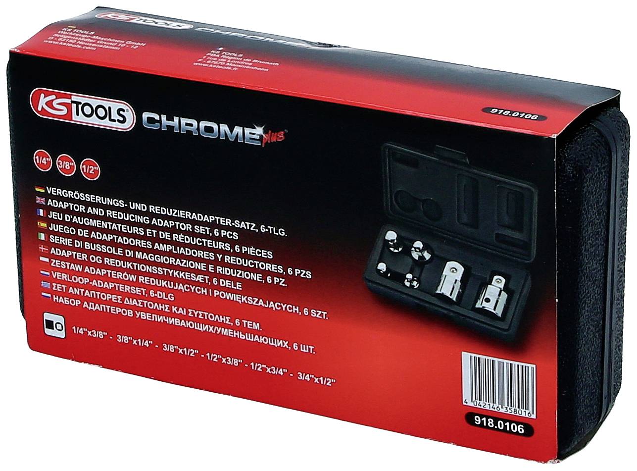 'KS Tools Chrome' Adapter-Set, 6-teilig in einer schwarzen Verpackung. Zeigt Größenangaben und Produktabbildungen auf der Rückseite.