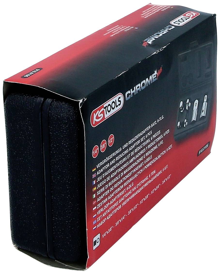 'KS Tools Chrome Adapter-Set', rote Verpackung mit schwarzem Koffer. Geeignet für Adapter von 1/4'', 3/8'', 1/2''.