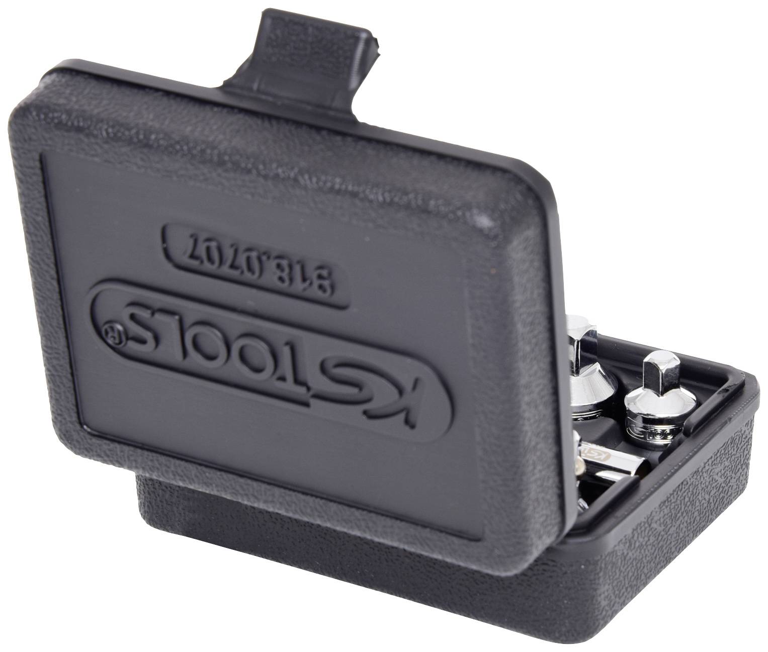 Schwarzes Kunststoffetui mit geöffnetem Deckel, enthält Werkzeuge. Markenlogo 'KS TOOLS' auf dem Deckel.