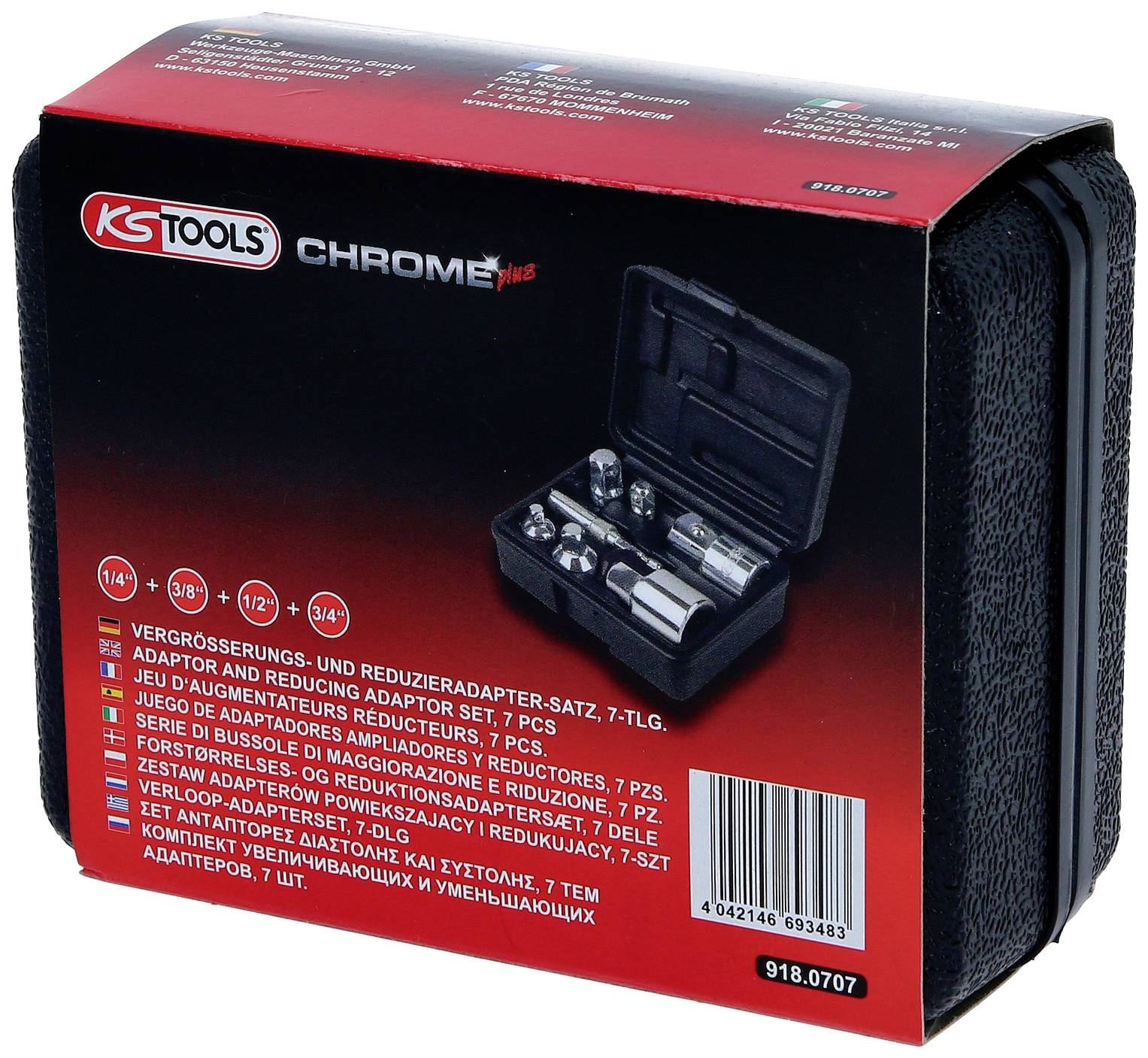 'KS Tools' Chrom-Plus-Adapter-Set, 7-teilig, mit verschiedenen Adaptergrößen. Schwarze Box mit rotem Etikett und Produktbild.