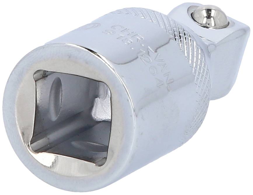 Metallischer Steckschlüsseladapter mit quadratischem Steckkopf und geriffeltem Griff, geeignet zur Verbindung von Werkzeugen.